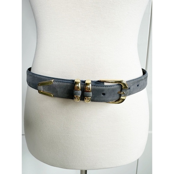 Gray Suede Leather Belt with Gold Tone Hardware Size Medium New York Studio - Picture 2 of 9